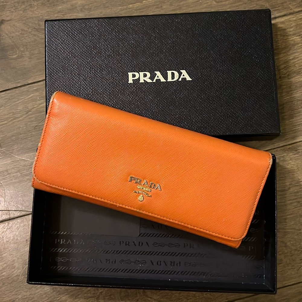 Prada Orange Saffiano Leather Continental Wallet